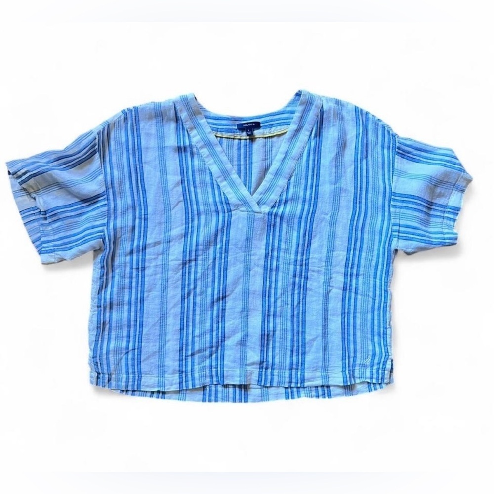 Nautica Womens Blue and White Striped Shirt Cropped Coastal Size Large